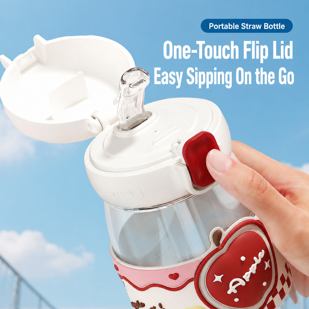 Cute Pop-Up Lid Water Bottle with Straw & Direct Drink, Portable Leak-Proof Cup for Travel & Office