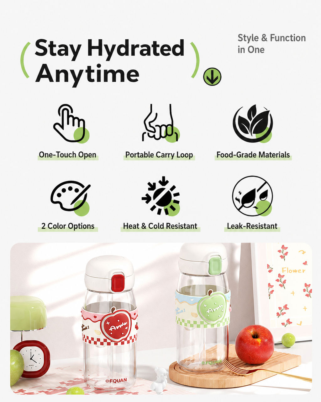 Cute Pop-Up Lid Water Bottle with Straw & Direct Drink, Portable Leak-Proof Cup for Travel & Office
