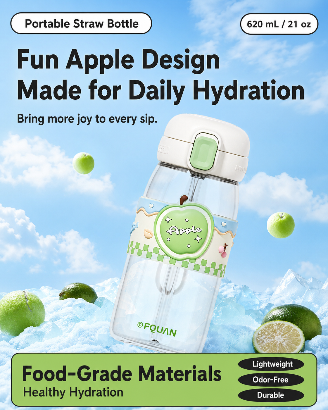 Cute Pop-Up Lid Water Bottle with Straw & Direct Drink, Portable Leak-Proof Cup for Travel & Office