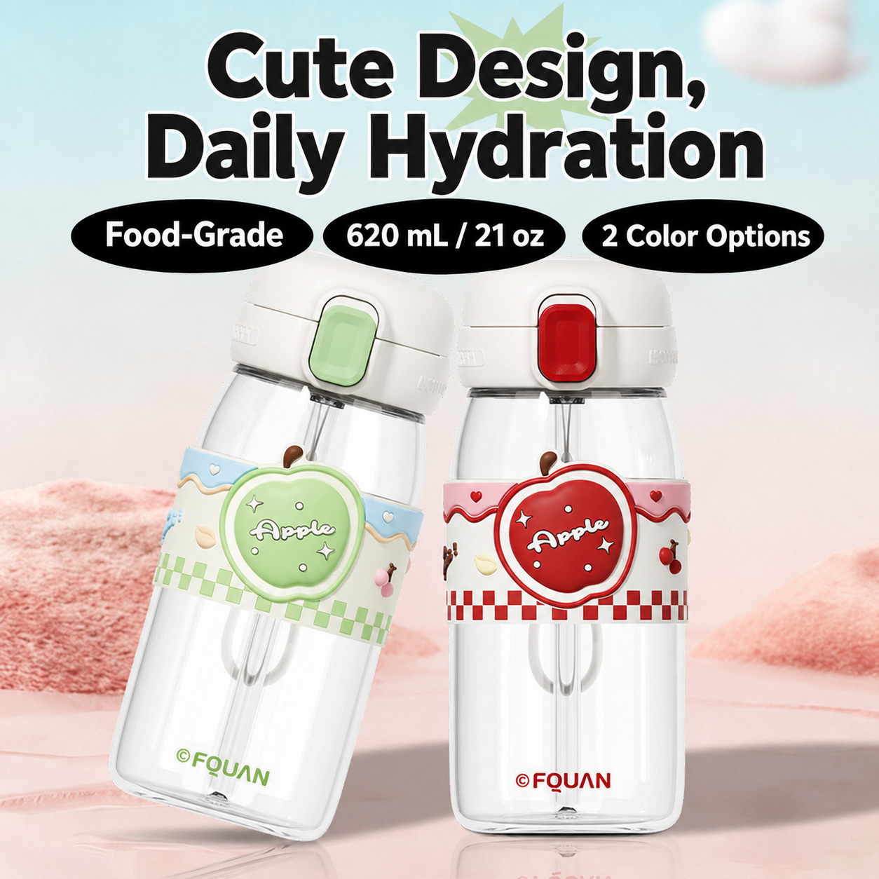 Cute Pop-Up Lid Water Bottle with Straw & Direct Drink, Portable Leak-Proof Cup for Travel & Office